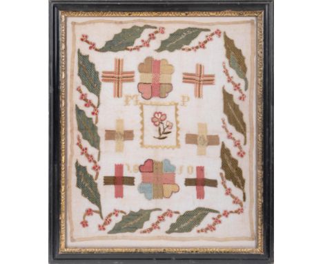 Early 19th Century Needle Work Darning Sampler, with central floral motif, within a yellow zigzag worked frame, initialled MP