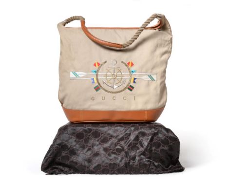 Gucci Nautical Shoulder Bag, the taupe canvas embroidered with an arrangement of boating items including ores, rope, anchor a