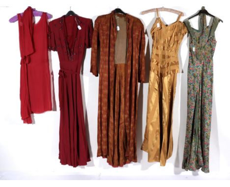 Early 20th Century Evening Costume, comprising a 1920s red chiffon drop waist sleeveless shift dress, with attached sash to t