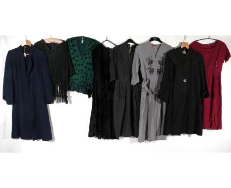 Assorted Circa 1920-40s Ladies Costume, including a black long sleeved dress with drop waist, chiffon modesty panel to the V 