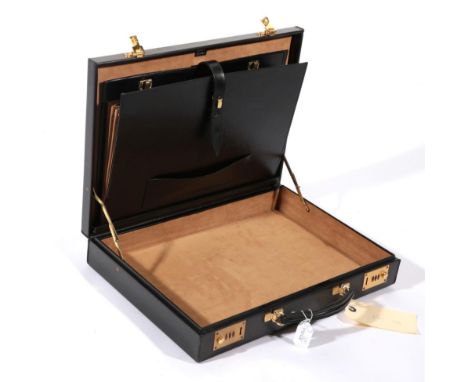 Asprey London Black Leather Briefcase, with gilt metal mounts and hinges, suede type interior, 44cm by 31cm by 8.5cm.    Some