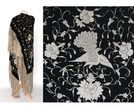 Early 20th Century Black Silk Shawl, with cream silk embroidery of exotic birds and flowers, with fringed surround, 160cm by 
