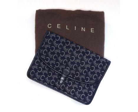 Celine Blue Canvas and Leather Trimmed Clutch Bag, patterned with C monogram and horse and carriage logo, 18cm by 25cm, with 