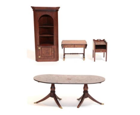 Four Pieces of Escutcheon Dolls House Furniture, comprising a twin pedestal dining table, open standing corner bookcase with 