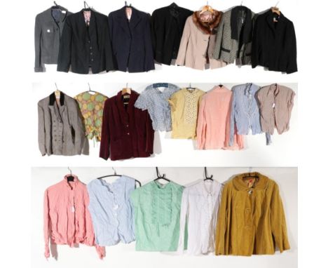 Assorted Circa 1940s and Later Jackets and Blouses, comprising a gold velvet long sleeve jacket with collar and three large b