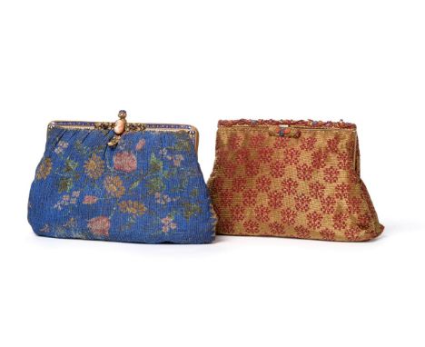Circa 1930s Stylish French Beaded Evening Bag, consisting of tiny gold and red beads in floral motifs to the front and back, 