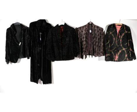 Circa 1920s and Later Velvet and Silk Jackets, Coats, comprising a black velvet three quarter length jacket with long sleeves