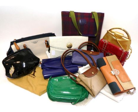 Group of Assorted Vintage and Modern Handbags, comprising a Russell &amp; Bromley red patent shoulder bag, with double chain 