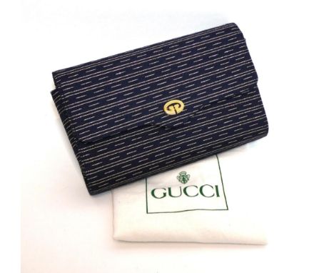 Gucci Blue and Gold Clutch / Hand Bag, striped with gold coloured thread interspersed with small blue 'GG' motifs, secured by