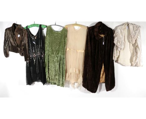 Circa 1920s/30s Ladies Evening Jackets, Capes and Dresses, comprising a brown velvet cape with padded and smocked collar, gol