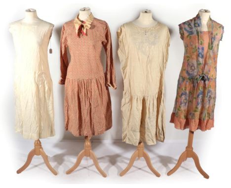 Circa 1920s Day Dresses, comprising a geometric print red and cream cotton dress, with upturned 3/4 length sleeves and contra