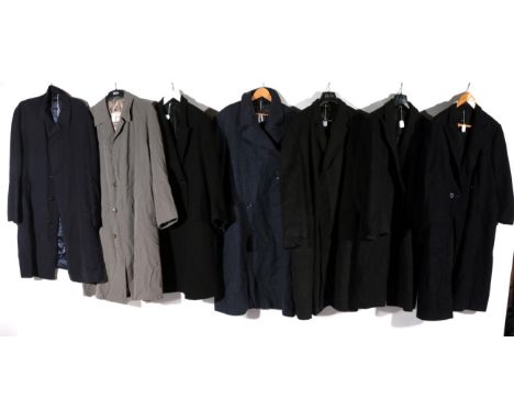 Circa 1940/50s Gentlemen's Clothing, comprising a grey wool double breasted overcoat bearing the CC41 label, Burton Tailoring