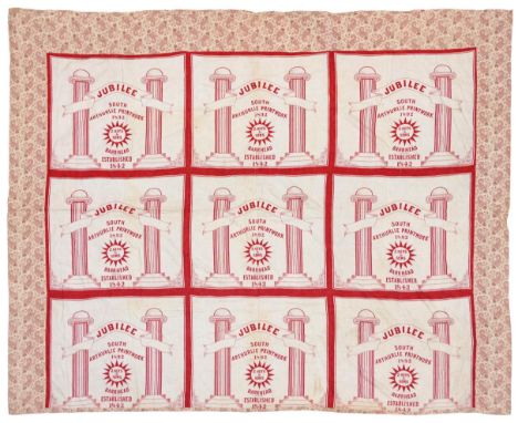 Late 19th Century Commemorative Bed Cover, mounted with nine turkey red printed damask panels, 'Jubilee, South Arthurlie Prin