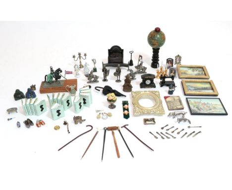 Assorted Modern Dolls House Accessories, comprising fire grate, 19th century pocket globe on later pedestal stand, Chris Vine