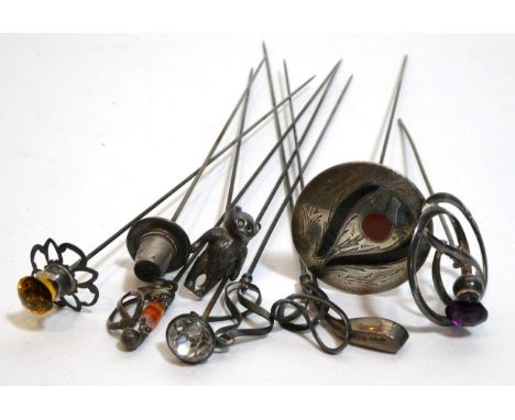 Charles Horner Silver Hat Pins comprising two similar Art Nouveau style pins, another larger with amethyst thistle head, anot