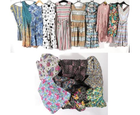 Circa 1950s Ladies Cotton Dresses and Aprons/Housecoats, comprising a pink cotton long sleeve checked housecoat; California C