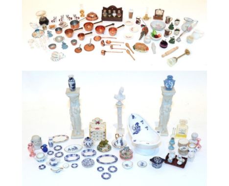 Assorted Modern Dolls House China and Accessories, including a cranberry glass decanter and stopper, two bottle tantalus, Mac