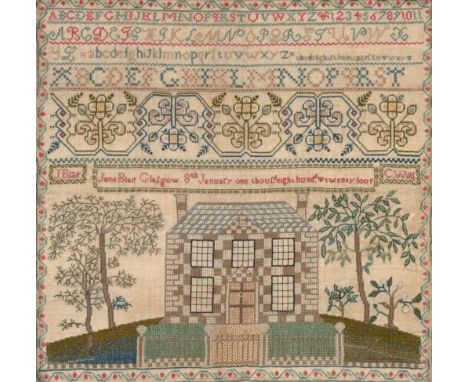 Scottish Alphabet Sampler Worked by 'Jane Blair Glasgow 8th January one thous ?.eight hund ?.of twenty four', depicting a Geo