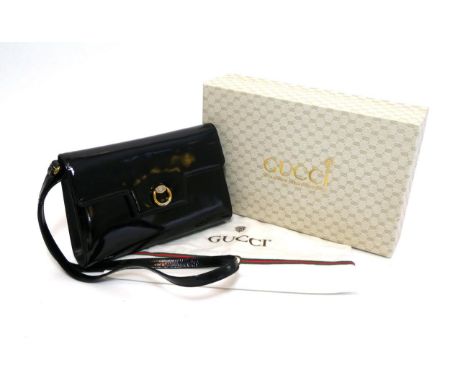Gucci Black Patent Clutch / Shoulder Bag, with hinged circular two-tone metal mount to the flap closure, with detachable long