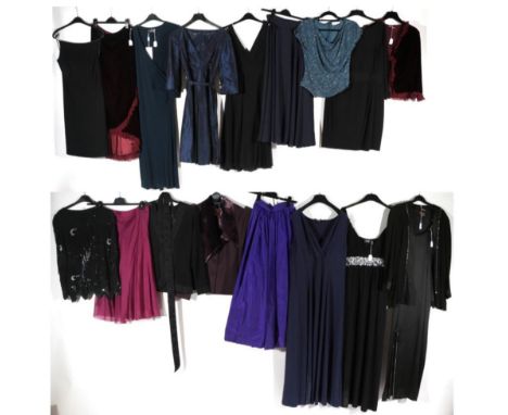 Group of Assorted Modern Ladies Evening Wear, comprising a Pearce Fionda black silk chiffon sleeveless dress, with pleated bo