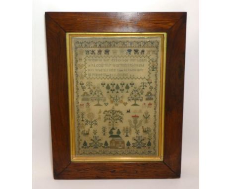 19th Century Scottish Adam &amp; Eve Sampler, Worked By Christina Braid, Aged 10, Dated 18**(second half of date lacking), wo