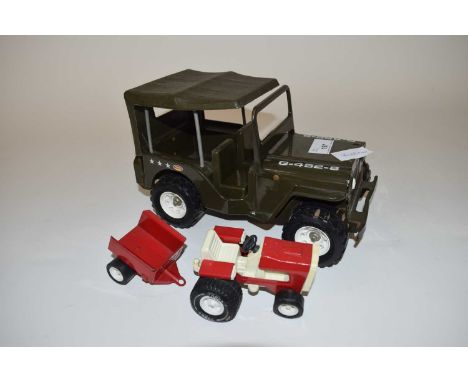 Vintage Tonka Jeep together with a Tonka tractor and trailer