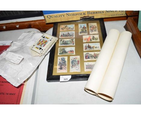 Mixed Lot comprising framed set of cards showing the evolution of the bicycle, together with print of Gorleston after Donald 