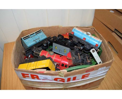Vintage Chad Valley 0 gauge metal train set with accompanying tracks, turntable, buffers, tankers and wagons and other items