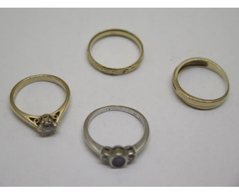 Four 9ct gold dress rings, sizes J/K/L, approx 6.6 grams 