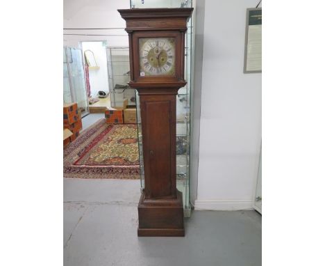 An oak 8 day striking longcase clock with an 11" brass dial signed Richard Weller Eastbourne, 73" tall, crack to base but cas