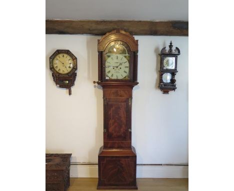 An 8 day mahogany and inlaid longcase clock with a 12" painted arch dial showing a girl and dog, signed Freed Cambridge, 80" 