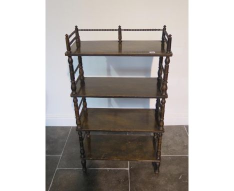 A continental four tier whatnot with bobbin turned spacers, missing 4 spacers with repair to top but sturdy, 112cm tall x 63c