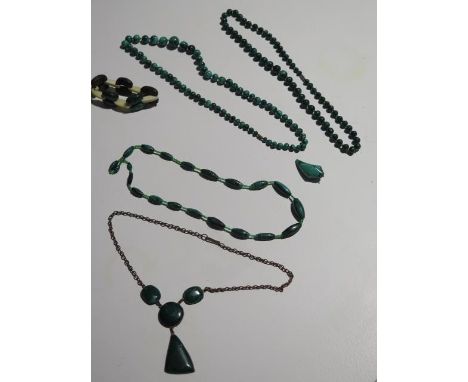 Four malachite necklaces, a pendant and a bangle, longest necklace is 68cm with a 15mm diameter centre bead, all generally go