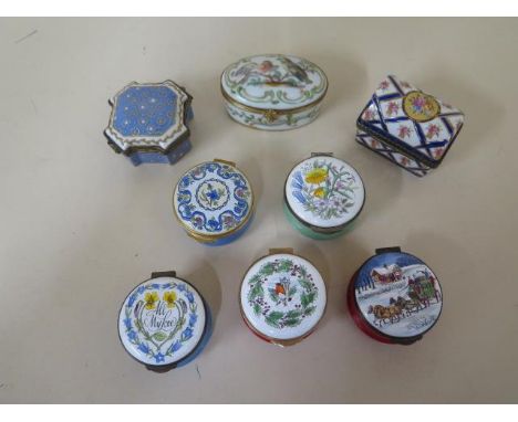 Five Crummles and Co enamel patch pots and three porcelain pots, all good apart from a chip to one enamel pot and chip to bas