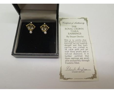A pair of Stuart Devlin The Royal Crown Tiara earrings in 18ct with pearls and diamonds, approx 3 grams, 2cm tall, in good co