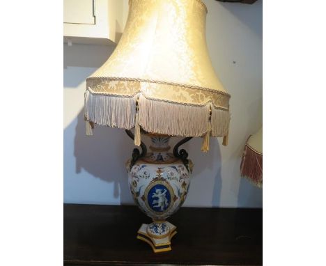 A Cantagali twin handled porcelain vase, adapted as a table lamp, with moulded snake form,handles flanking an urn shaped body