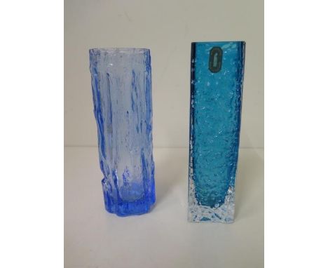 A blue and clear Whitefriars glass vase, 17cm tall, and a bark effect glass vase, both in good condition 