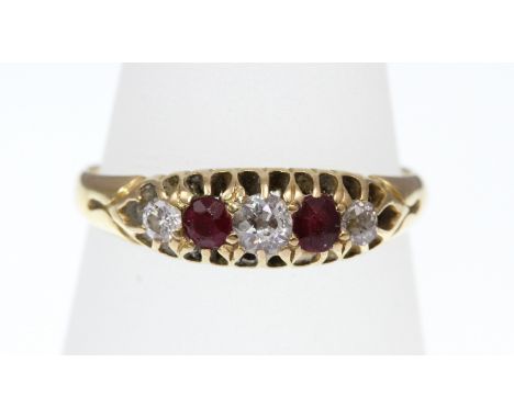 A ruby and diamond five-stone ring, marked only 'SB & SLD' tested as 18ct, approx 2.5gms size N  [VAT included in hammer pric