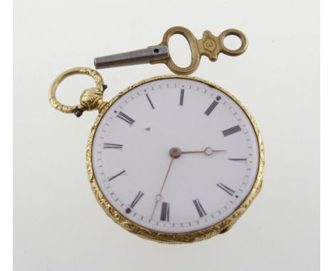 A Victorian key-wind fob watch with engraved decoration marked 18k, the dust cover engraved "Malignon A Geneve No.1042", faul