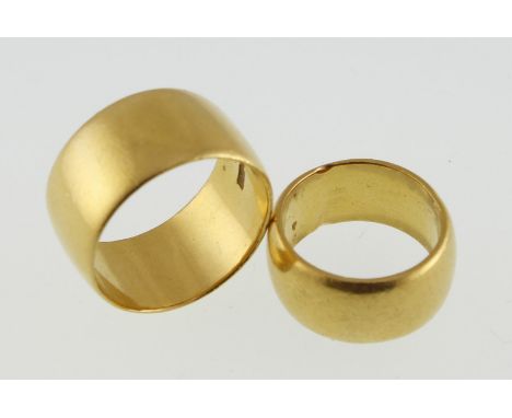 Two heavy 22ct H/M plain wedding bands, together approx 39gms, sizes P & Y 