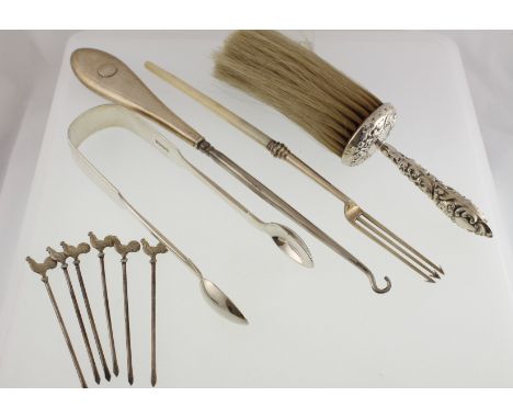 A small quantity to include Svottish silver H/M sugar tongs, Victorian hat brush, silver pickle fork, cocktail sticks marked 