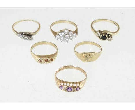 Six assorted gold & yellow-metal rings, one H/M Chester 1917, together approx 11gms 