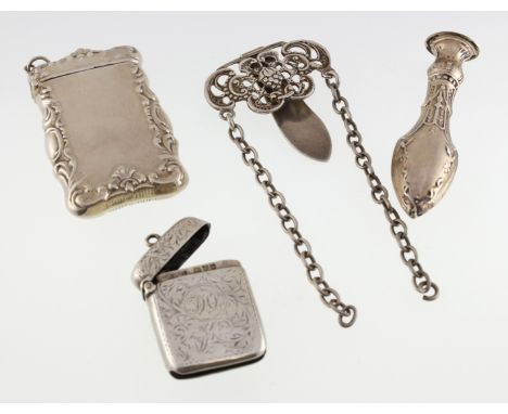 Two silver Vesta cases, one H/M Chester 1910 the other London 1996, together with a chatelaine fitting H/M B'ham 1902 & a whi