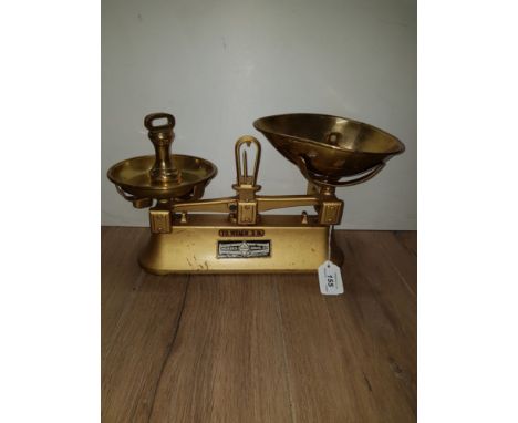 VINTAGE SCALES BY MORDUE BROS WITH A SET OF 7 VINTAGE BRASS BELL WEIGHTS
