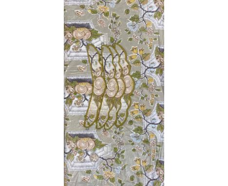Two pairs of lime green and peach curtains and four matching tie-backs with lime green trims L108" W72" 