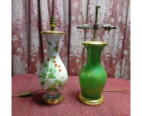 Twin light French table lamp, green opaque glass baluster body decorated with trailing gilt foliage, on stepped giltwood base