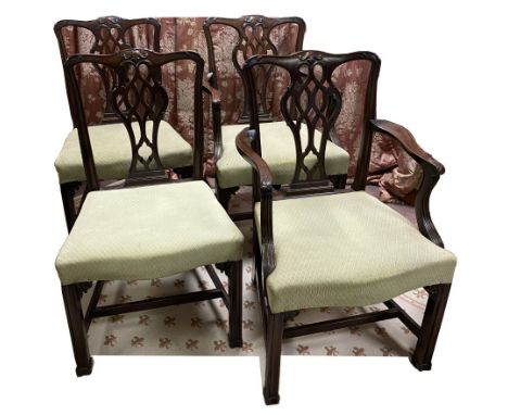 Set of six Chippendale style mahogany dining chairs with interlaced pierced vase shaped splats and serpentine stuffed over se