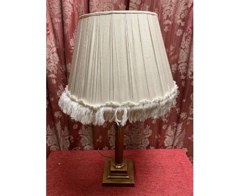 C20th brass Corinthium column table lamp, on stepped square base with fringed pleated shade, H49cm 