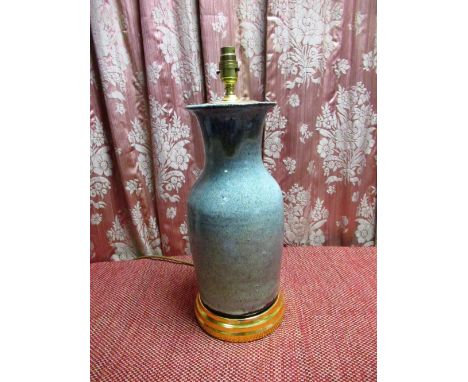 Chinese duck egg glazed vase table lamp, baluster body with flared neck on stepped gilt base, H51cm 