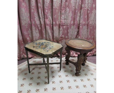 Regency style elongated octagonal lamp table with inset silk work top on slender square tapered supports joined by a cross st